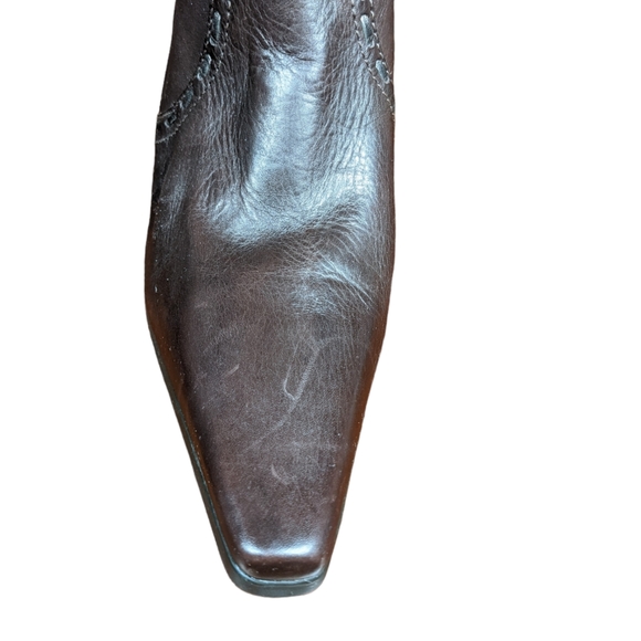 Ankle Boot Brown 10B Square Pointed Toe Metallic Bronze Stitching Rectangle Heel - Picture 9 of 16